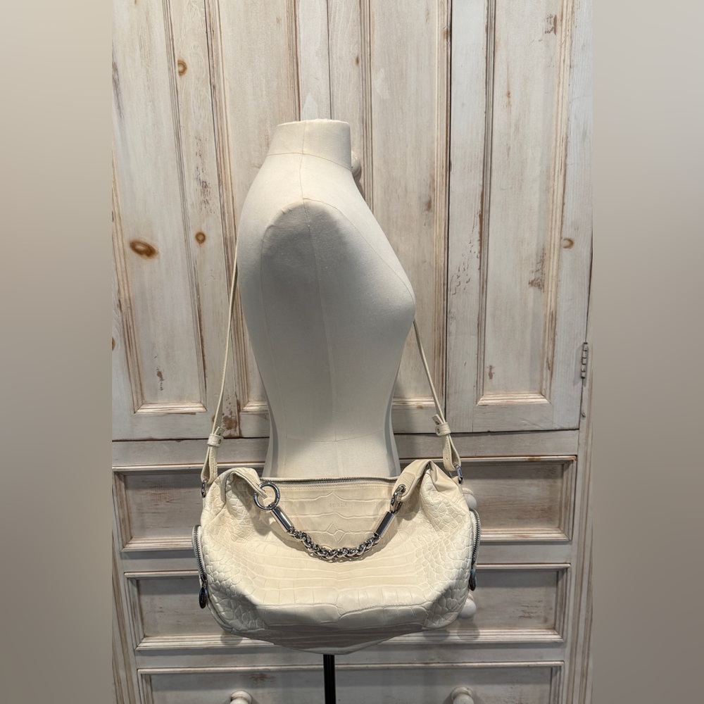 Furla off white Croc Embossed Leather Shoulder Bag. Made in Italy.